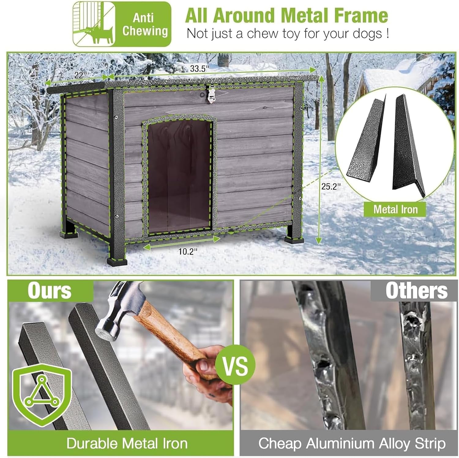 Heated Dog House Outdoor Insulated Dog Kennel with Heater, Durable Metal Frame, Chew-Resistant Cord, 6-Sided Thermal Liner, PVC Door Curtain for Winter (Grey)